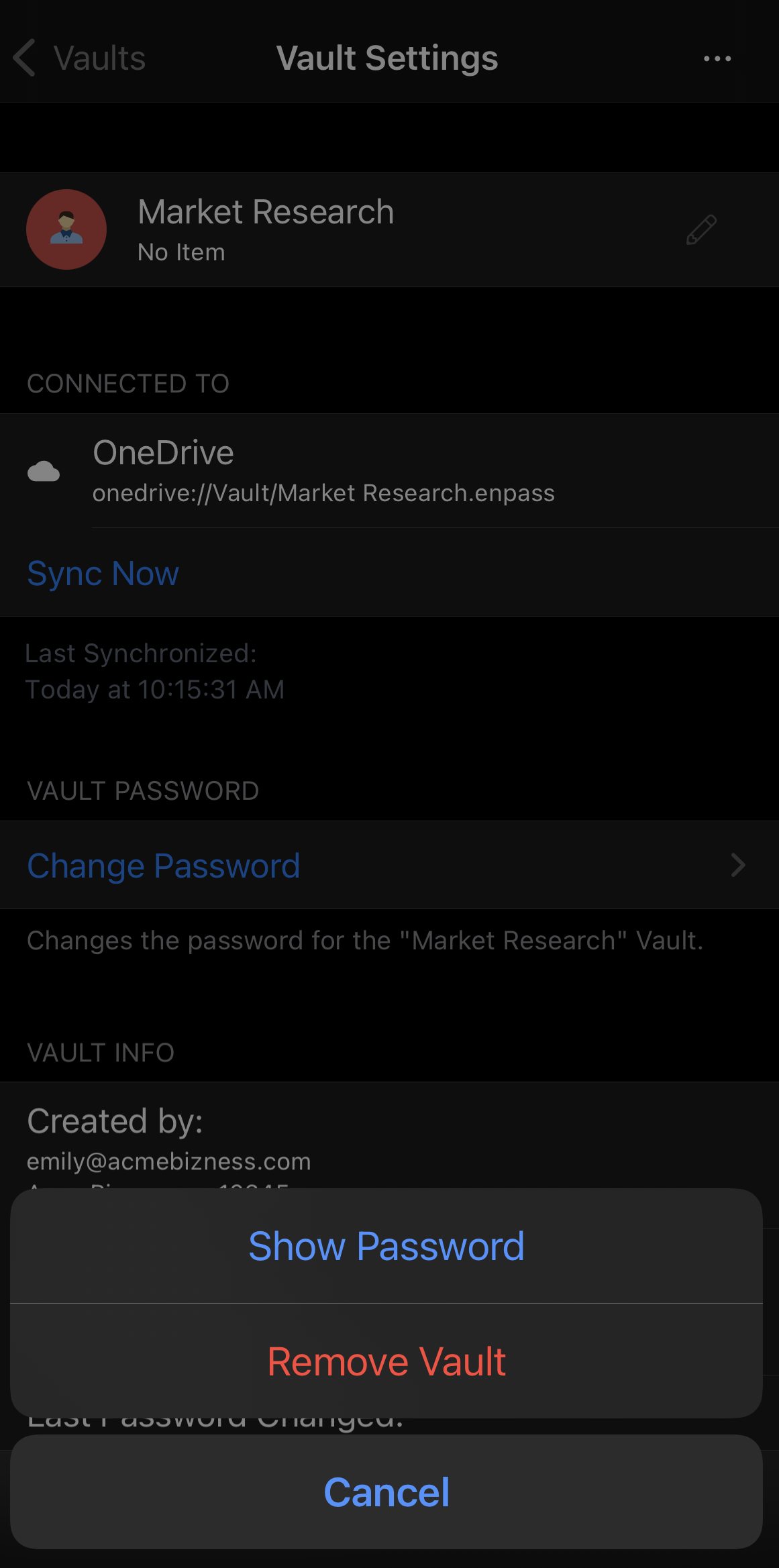 Tap remove vault in the vault settings on iOS device